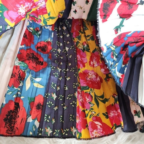 Anthropologie mixed print floral pleated boho elegant midi satin silk skirt - Picture 9 of 12